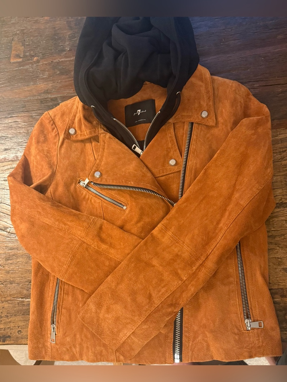 7 For All Mankind Cognac Suede Bomber-Moto Jacket w/removable hood - SM
